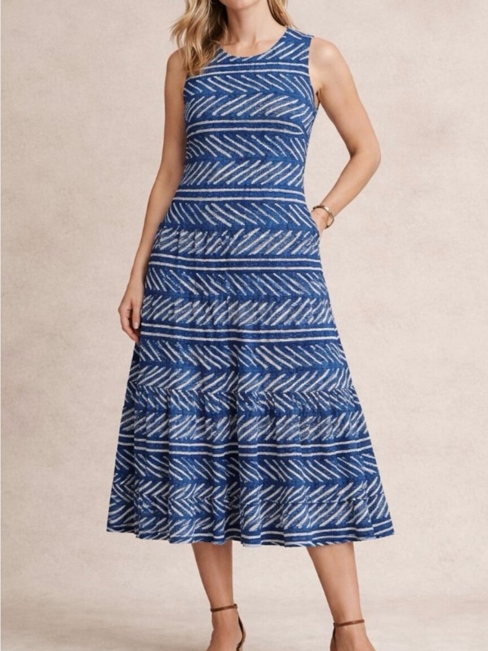 Lauren Ralph Lauren Petite Blue & Cream Chevron Dress Medium